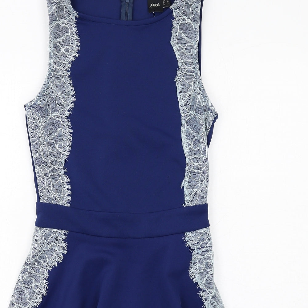 ASOS Womens Blue Polyester Skater Dress Size 12 Round Neck Zip - Lace Details