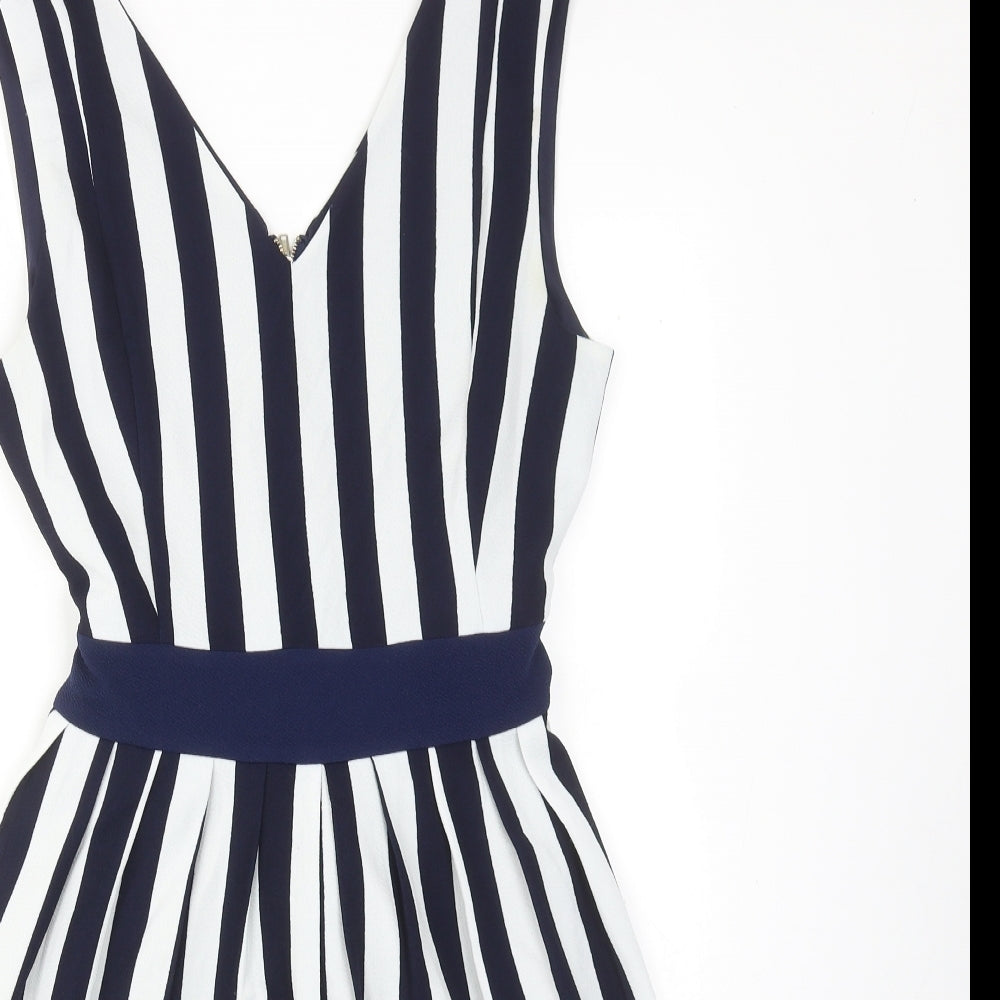 Mela London Womens Blue Striped Polyester A-Line Size 10 V-Neck Zip
