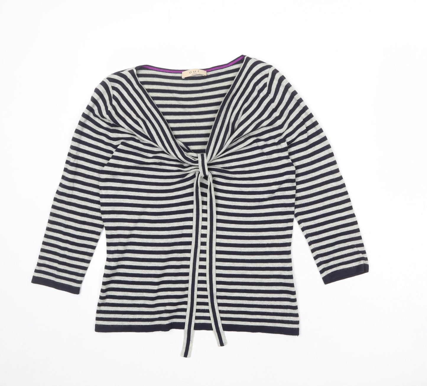Oui Womens Grey V-Neck Striped Viscose Pullover Jumper Size 10
