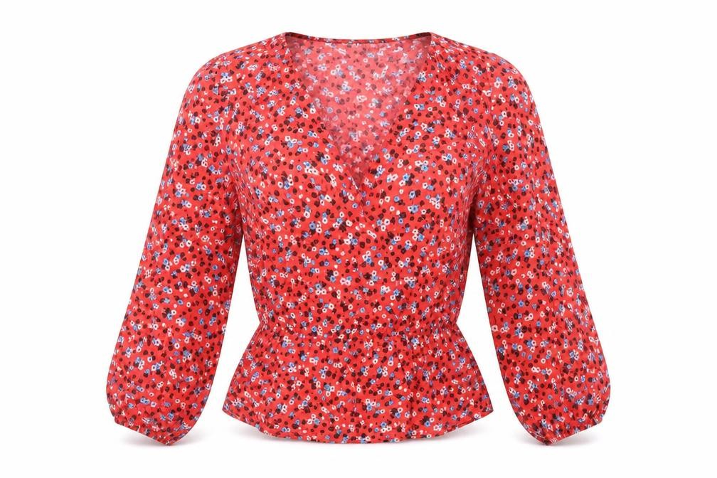 New Look Womens Red Floral Polyester Basic Blouse Size 4 V-Neck