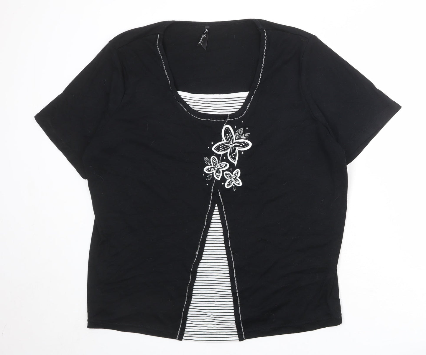 Bonmarché Womens Black Striped Polyester Basic Blouse Size XL Round Neck - Flowers