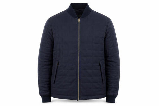 Front view of Hammond & Co men’s blue quilted jacket, size L, zip