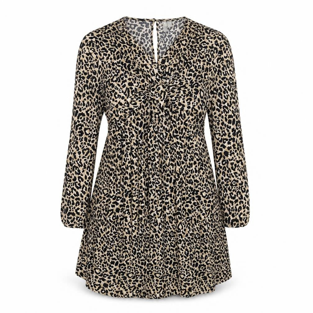 Front view of ASOS women’s beige animal print viscose a-line, size UK 12, round neck zip - leopard print, twist detail