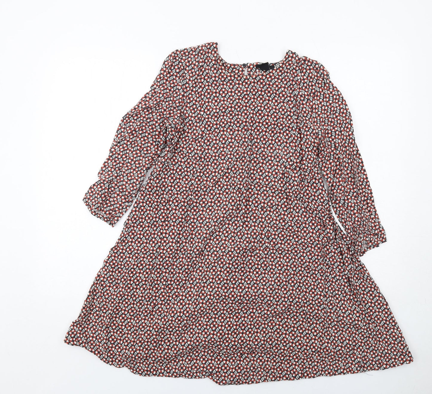 H&M Womens Multicoloured Geometric Viscose A-Line Size 12 Round Neck Button