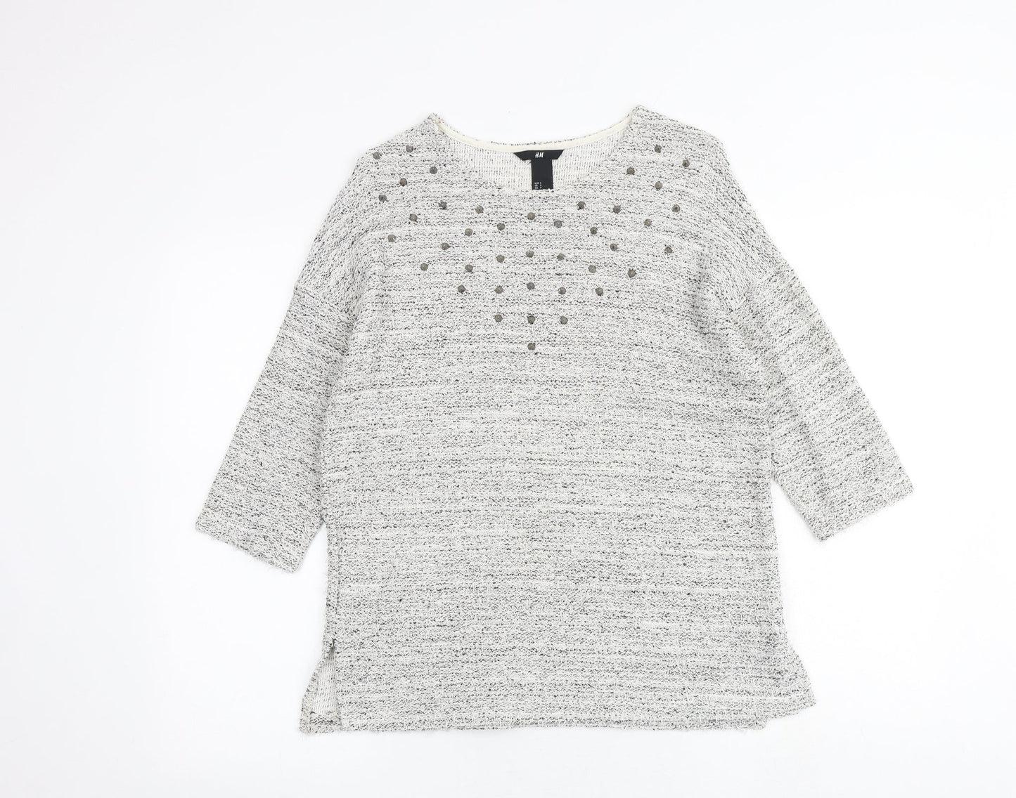 H&M Womens Grey Geometric Cotton Basic Blouse Size S Round Neck