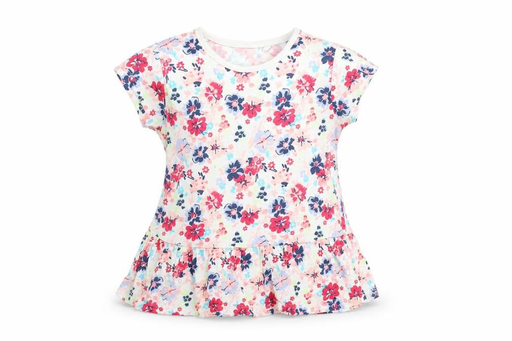 Front view of Next Baby Multicoloured Floral 100% Cotton T-Shirt Dress, size 12-18, Months Crew Neck Snap