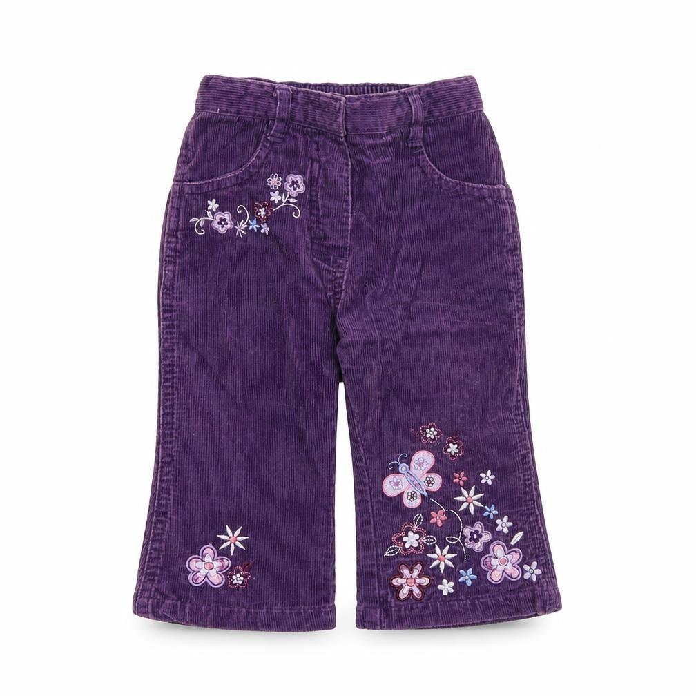 Front view of Mothercare Baby Purple 100% Cotton Capri Trousers, size 6-9, Months Zip - Floral Detail
