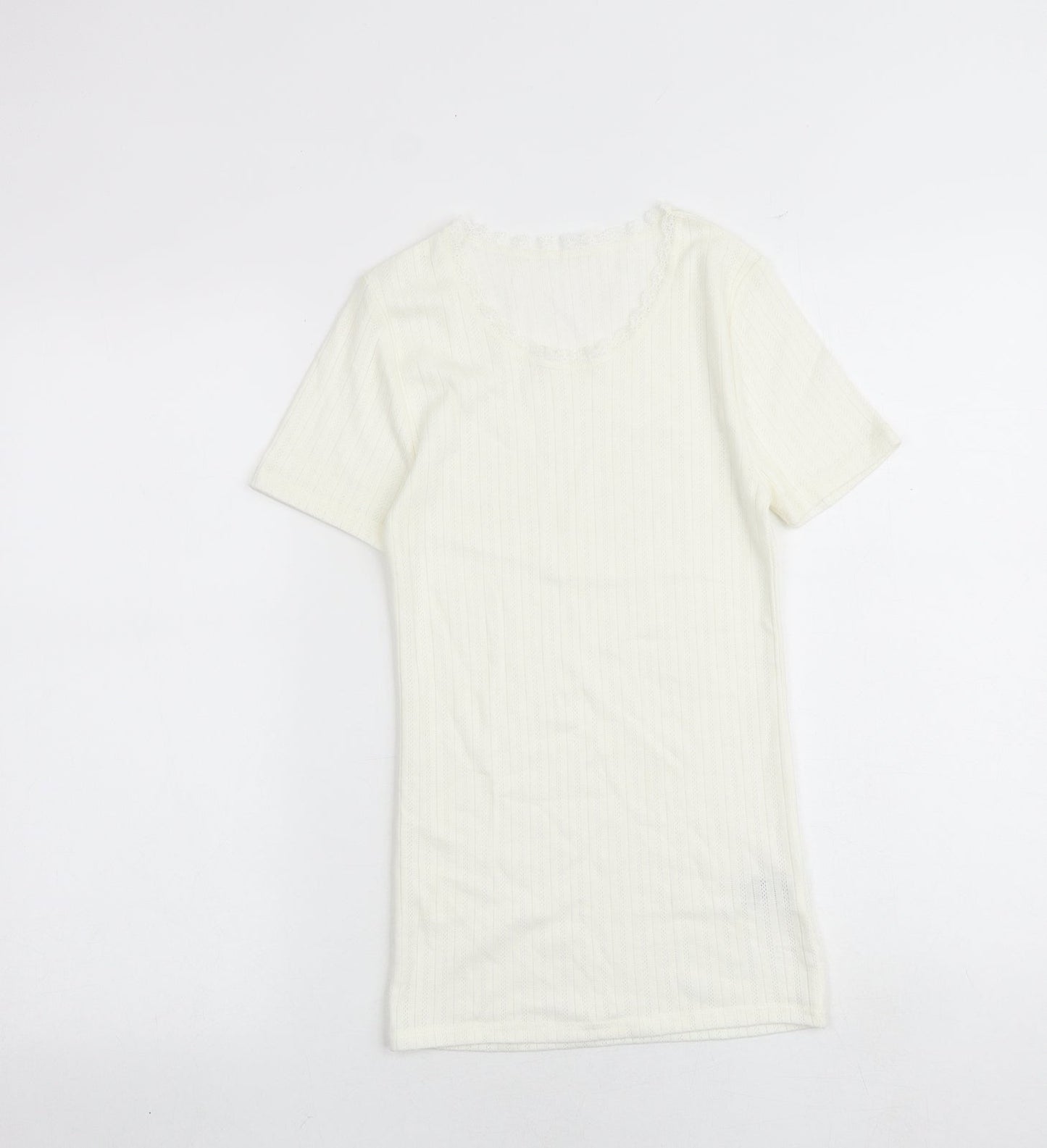 Marks and Spencer Womens Ivory Polyester Basic T-Shirt Size 8 Boat Neck - Lace Trim