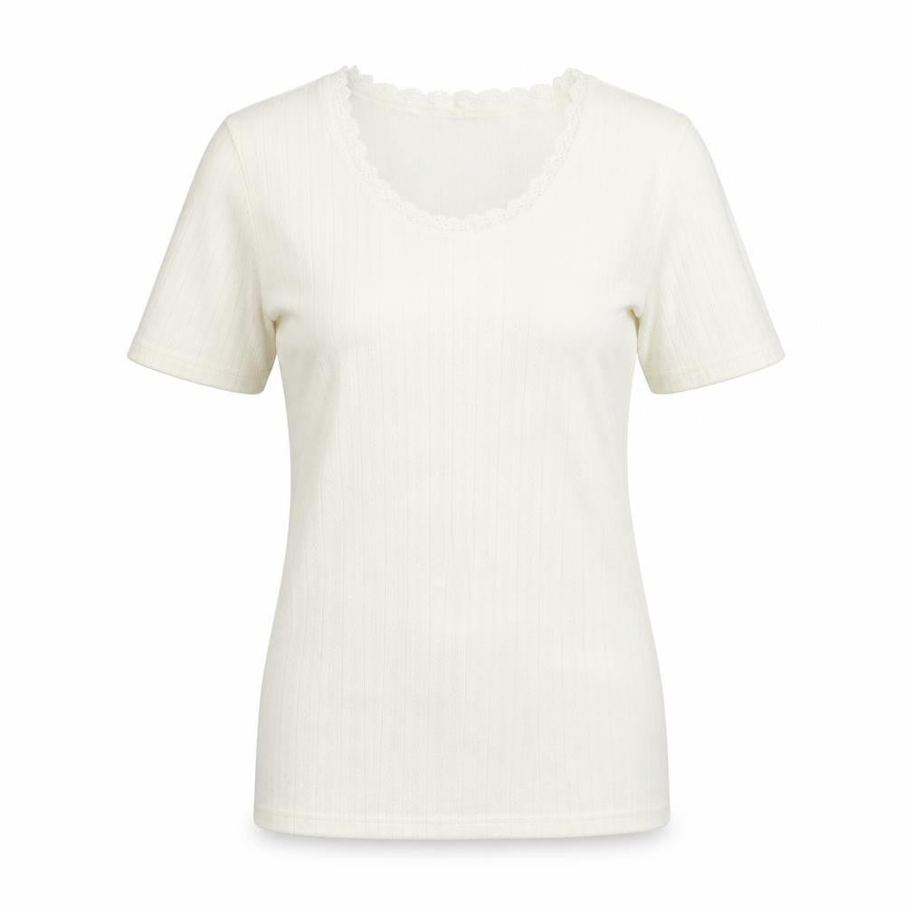Marks and Spencer Womens Ivory Polyester Basic T-Shirt Size 8 Boat Neck - Lace Trim
