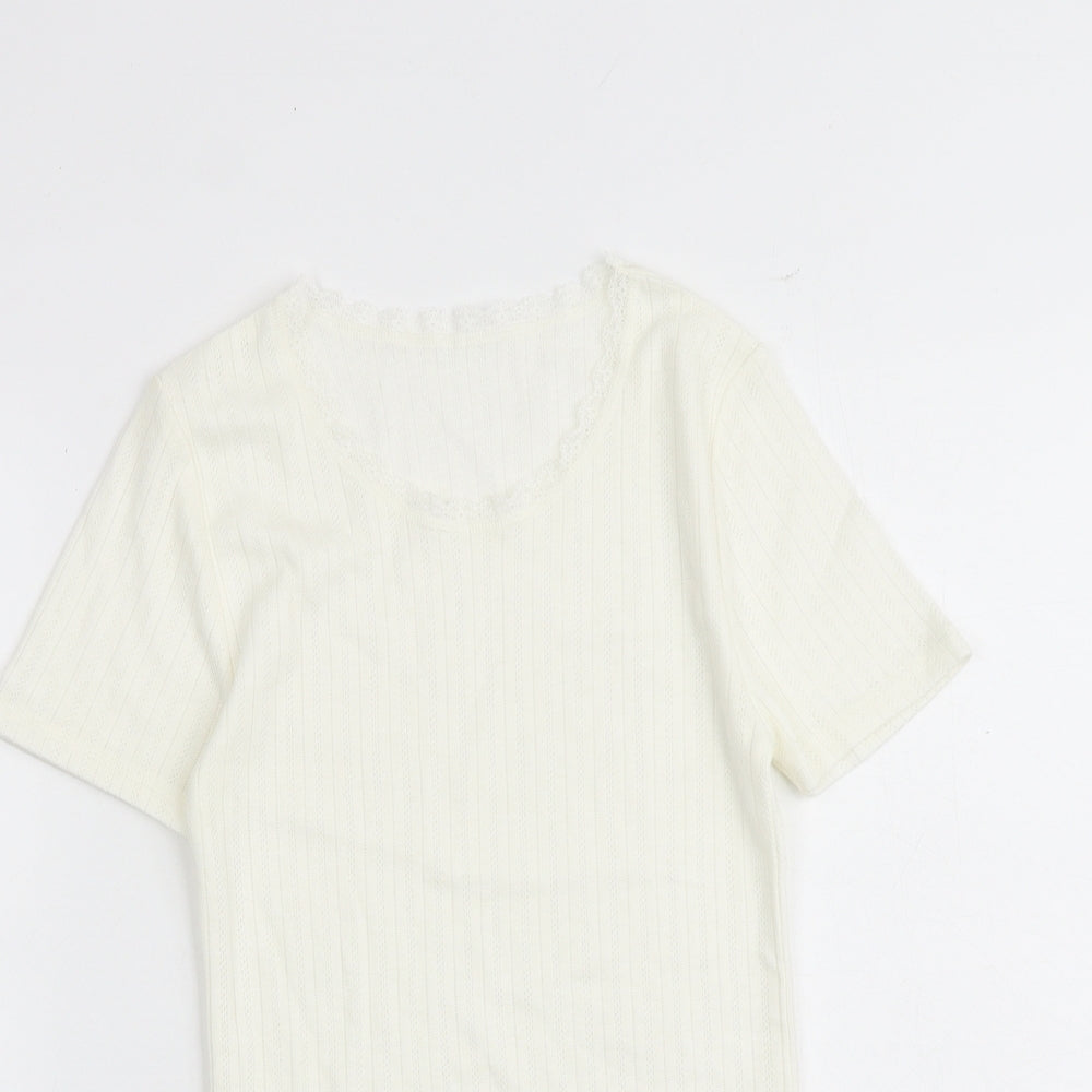 Marks and Spencer Womens Ivory Polyester Basic T-Shirt Size 8 Boat Neck - Lace Trim