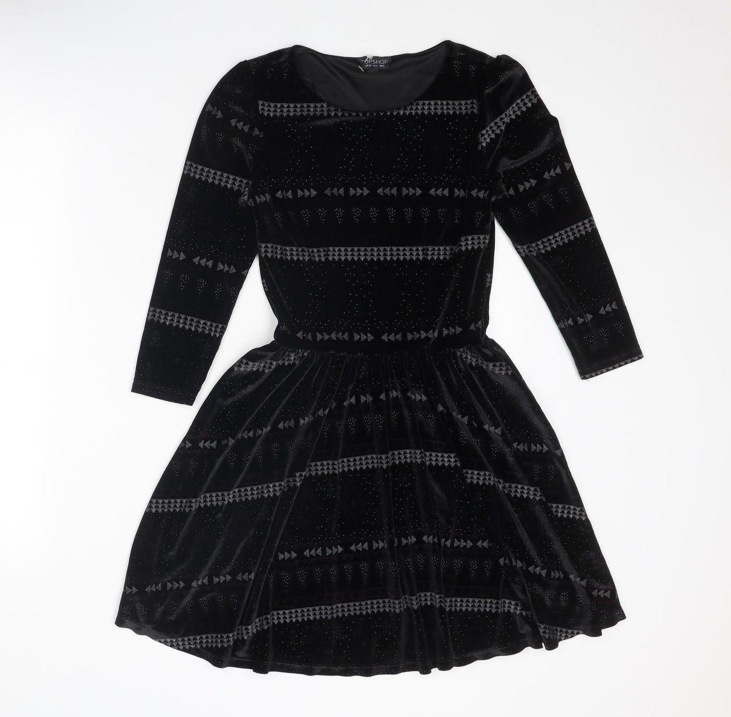 Topshop Womens Black Geometric Polyester Fit & Flare Size 6 Round Neck Pullover