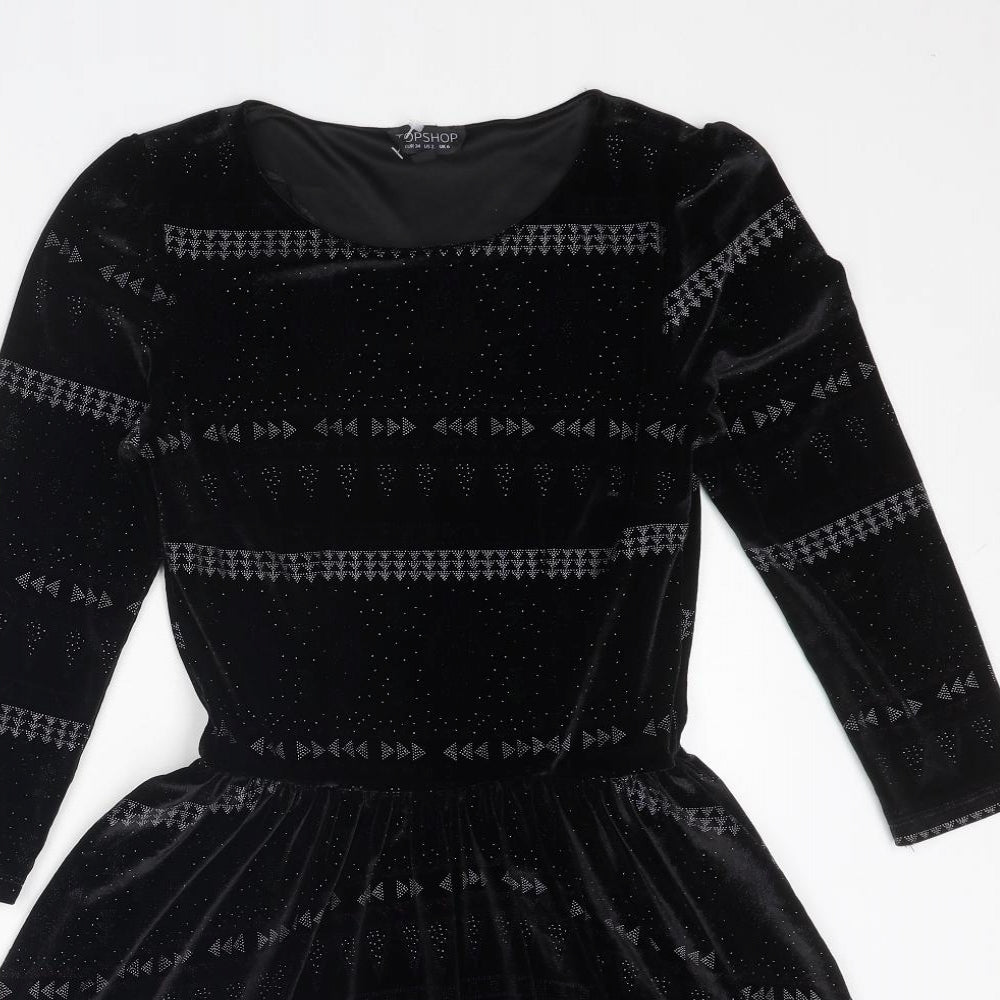 Topshop Womens Black Geometric Polyester Fit & Flare Size 6 Round Neck Pullover