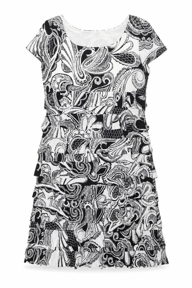 Front view of Roman women’s black geometric polyester shift, size UK 14, round neck pullover