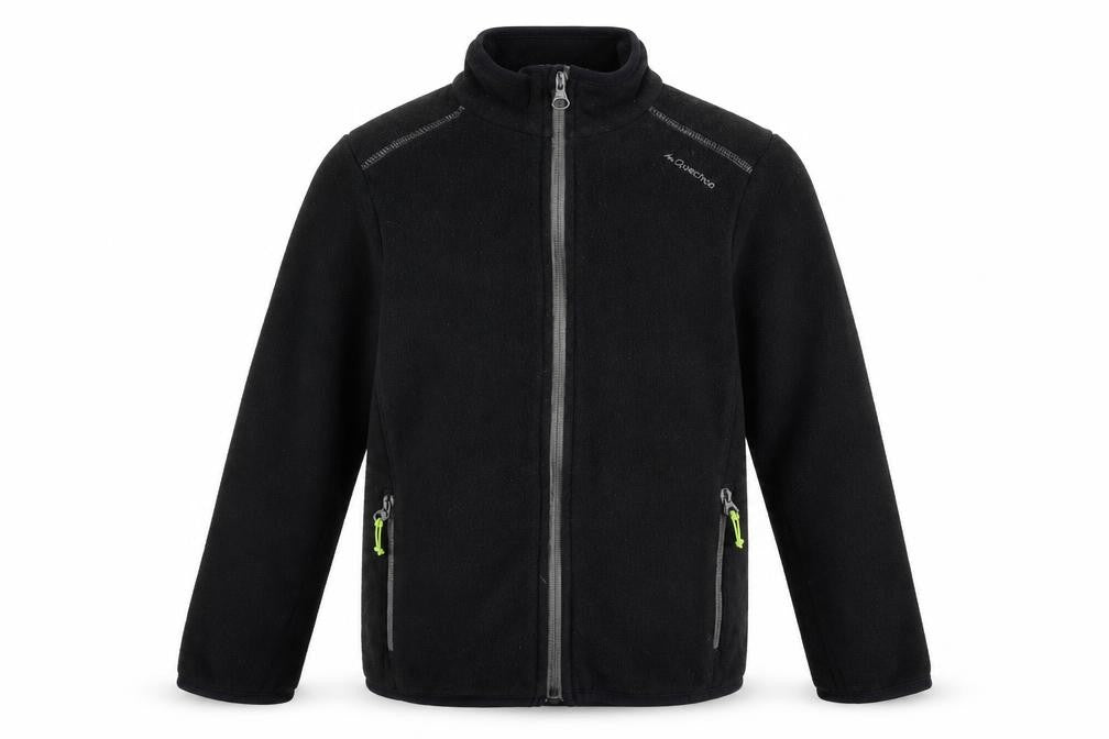 Front view of Quechua boys’ black jacket, size 8, years zip