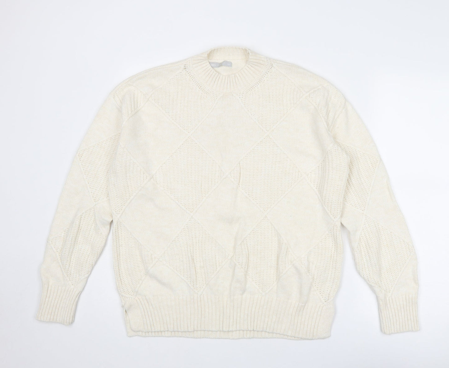 Marks and Spencer Womens Ivory Mock Neck Argyle/Diamond Cotton Pullover Jumper Size M