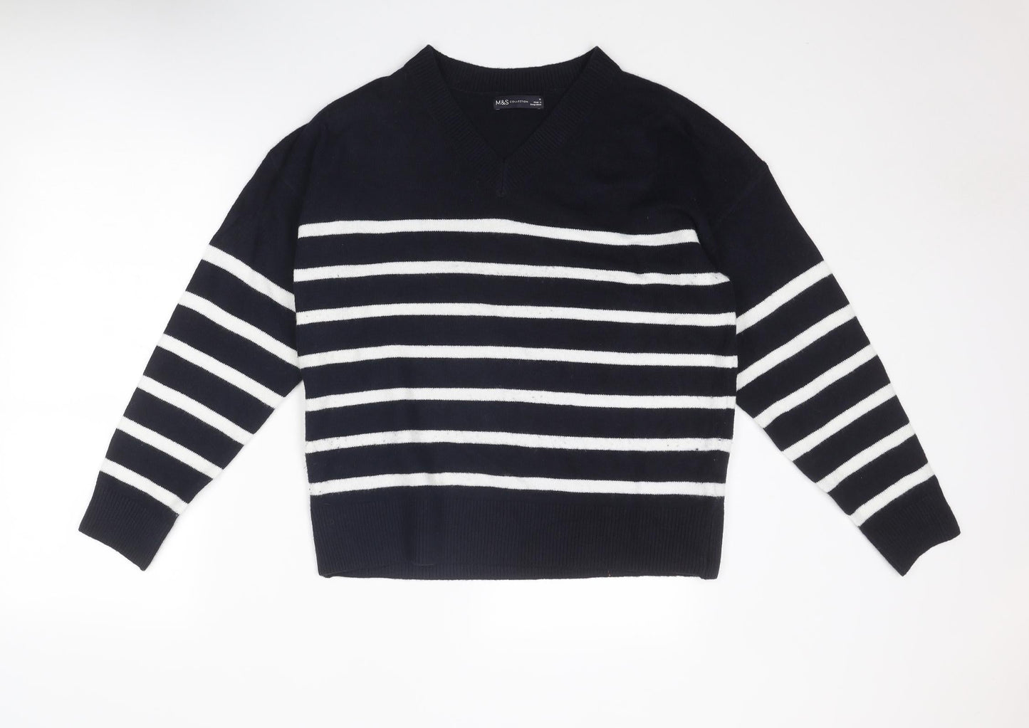 Marks and Spencer Womens Blue V-Neck Striped Polyester Pullover Jumper Size M