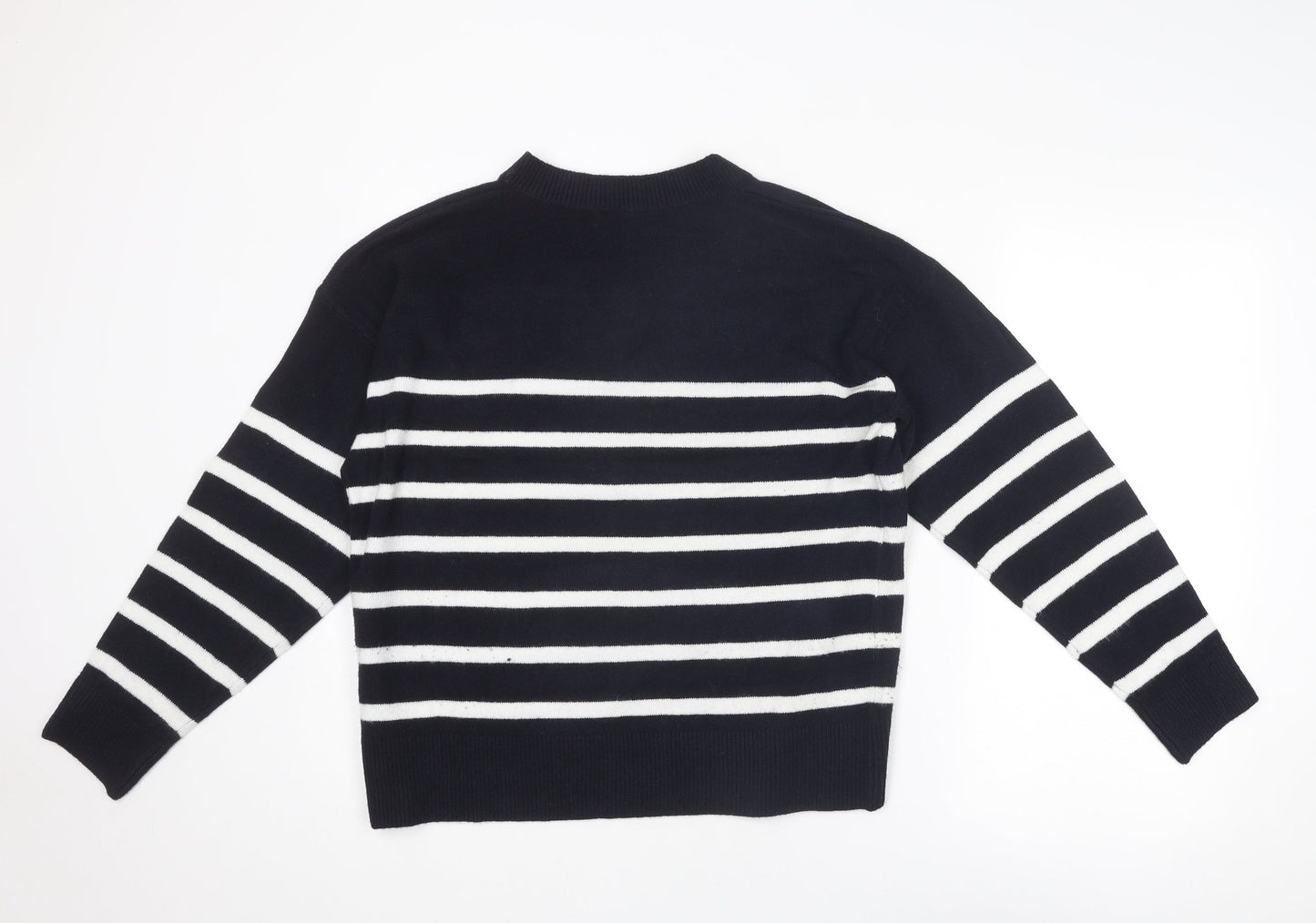 Marks and Spencer Womens Blue V-Neck Striped Polyester Pullover Jumper Size M