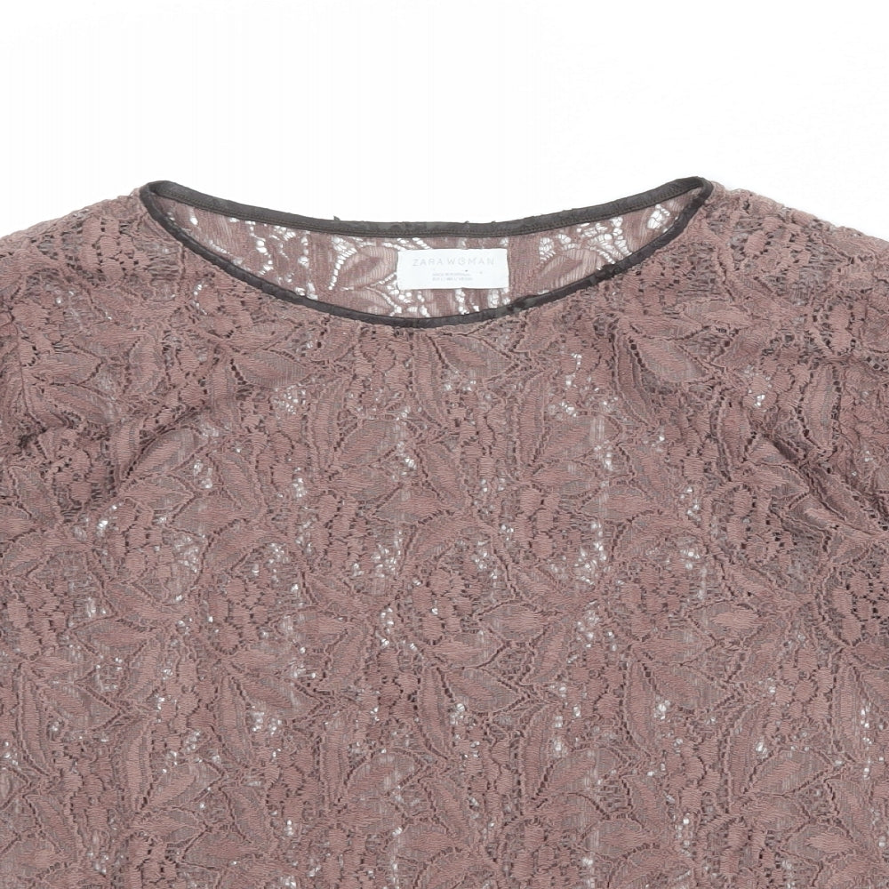 Zara Womens Pink Polyester Basic T-Shirt Size L Round Neck