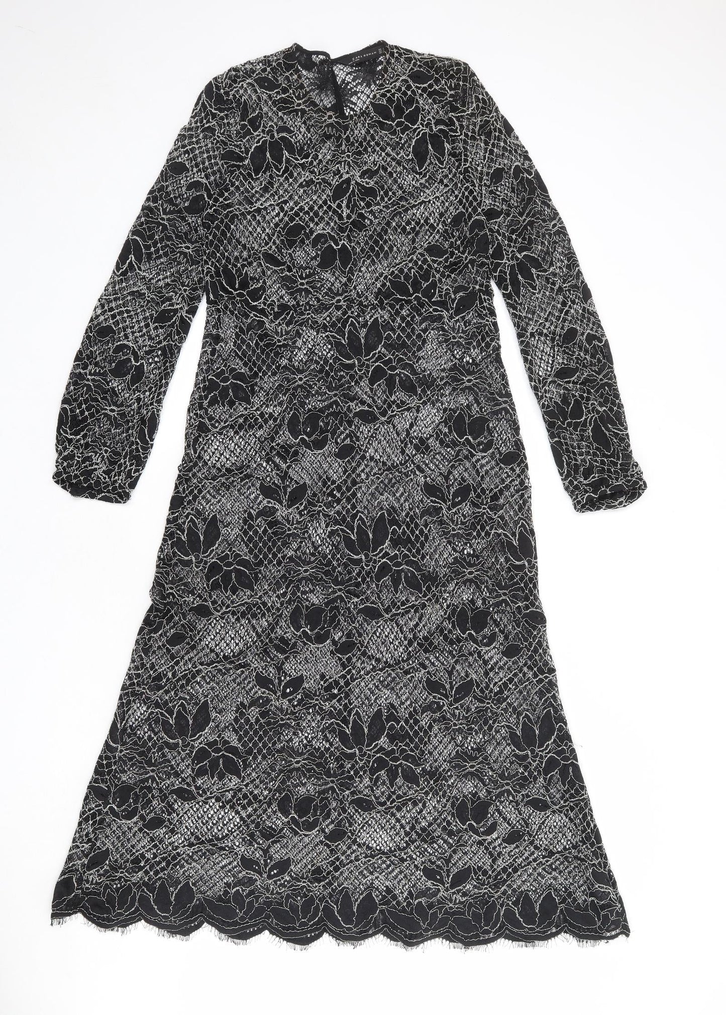 Zara Womens Black Floral Polyester A-Line Size S Round Neck Button