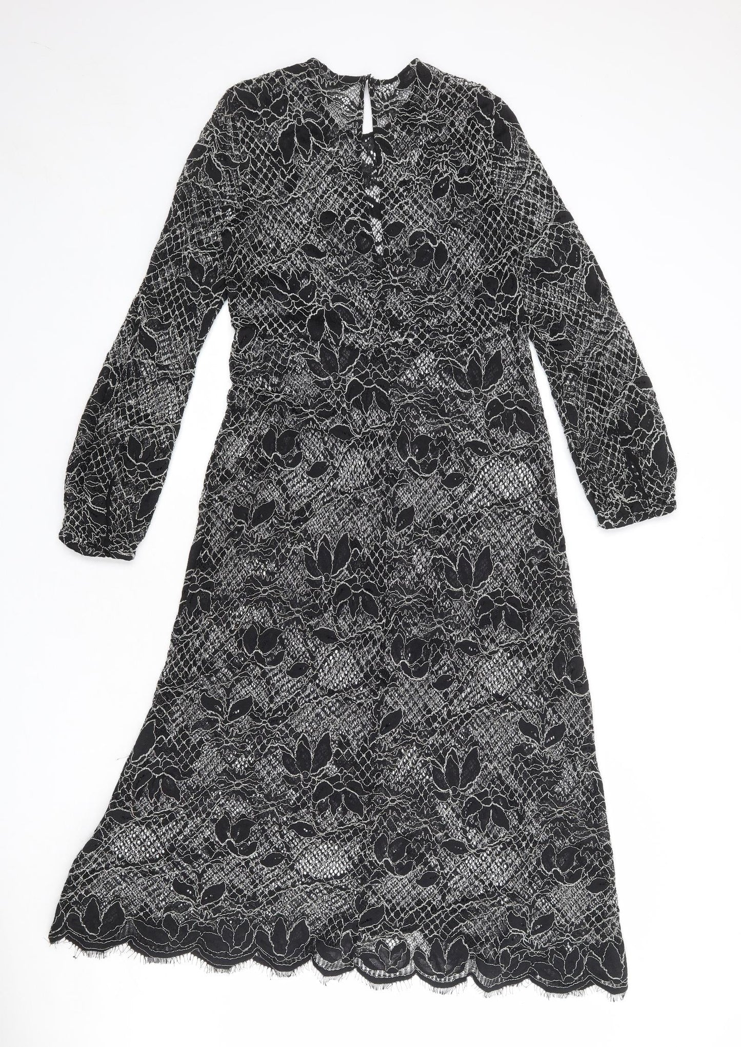 Zara Womens Black Floral Polyester A-Line Size S Round Neck Button