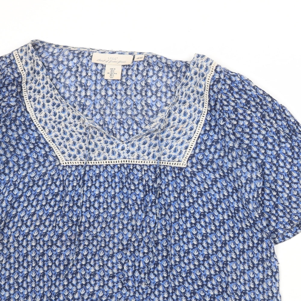 H&M Womens Blue Geometric 100% Cotton Basic T-Shirt Size 10 Boat Neck