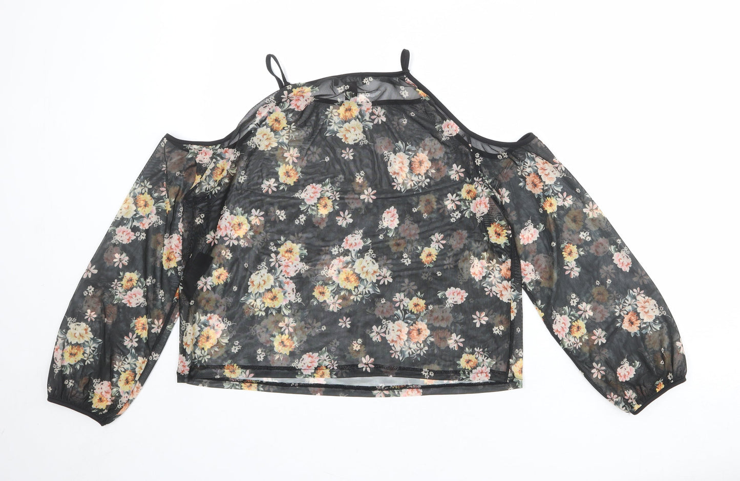 New Look Womens Black Floral Polyester Basic Blouse Size 12 Square Neck - Cold Shoulder