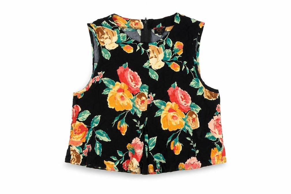 POP Womens Black Floral Viscose Cropped Blouse Size S Boat Neck