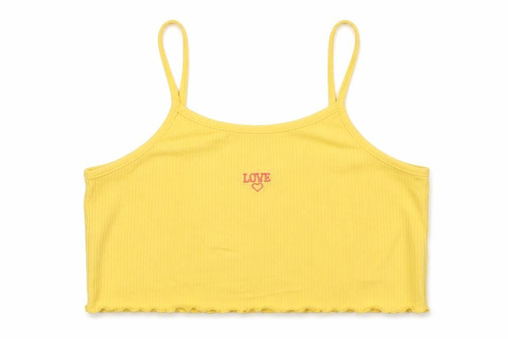 Front view of River Island girls’ yellow cotton cropped tank, size 13-14, years round neck pullover - love