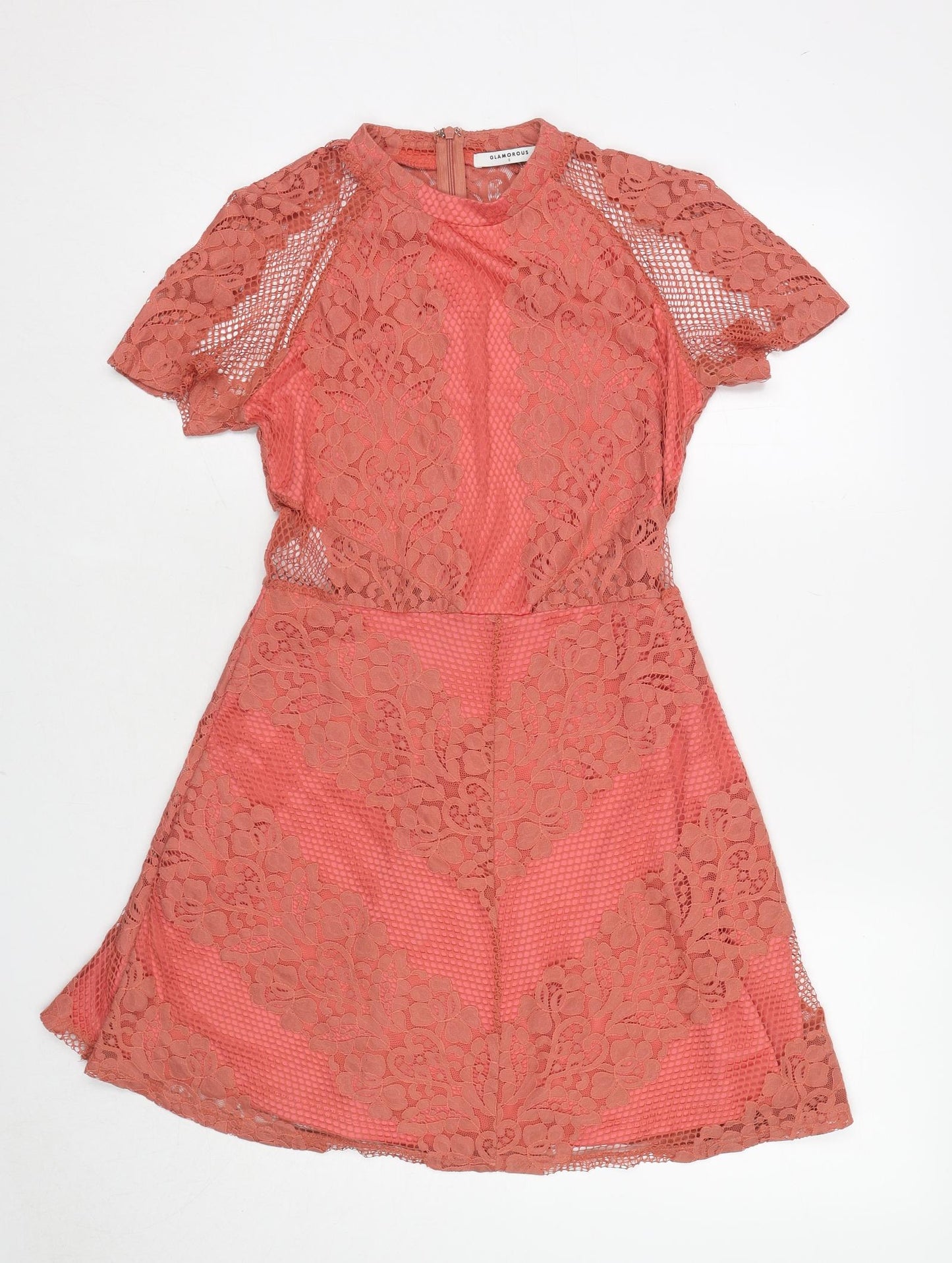 Glamorous Womens Pink Geometric Polyester Fit & Flare Size S Round Neck Zip