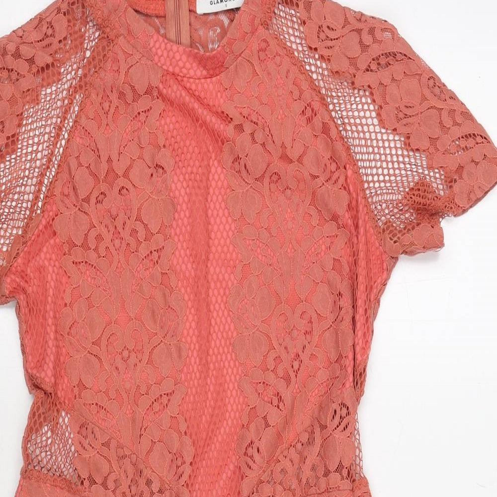 Glamorous Womens Pink Geometric Polyester Fit & Flare Size S Round Neck Zip