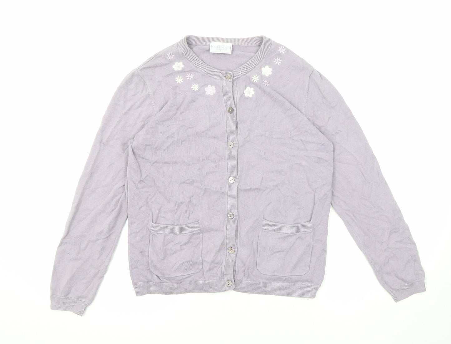 Cotswold Womens Purple Round Neck Cotton Cardigan Jumper Size S - Flower detail