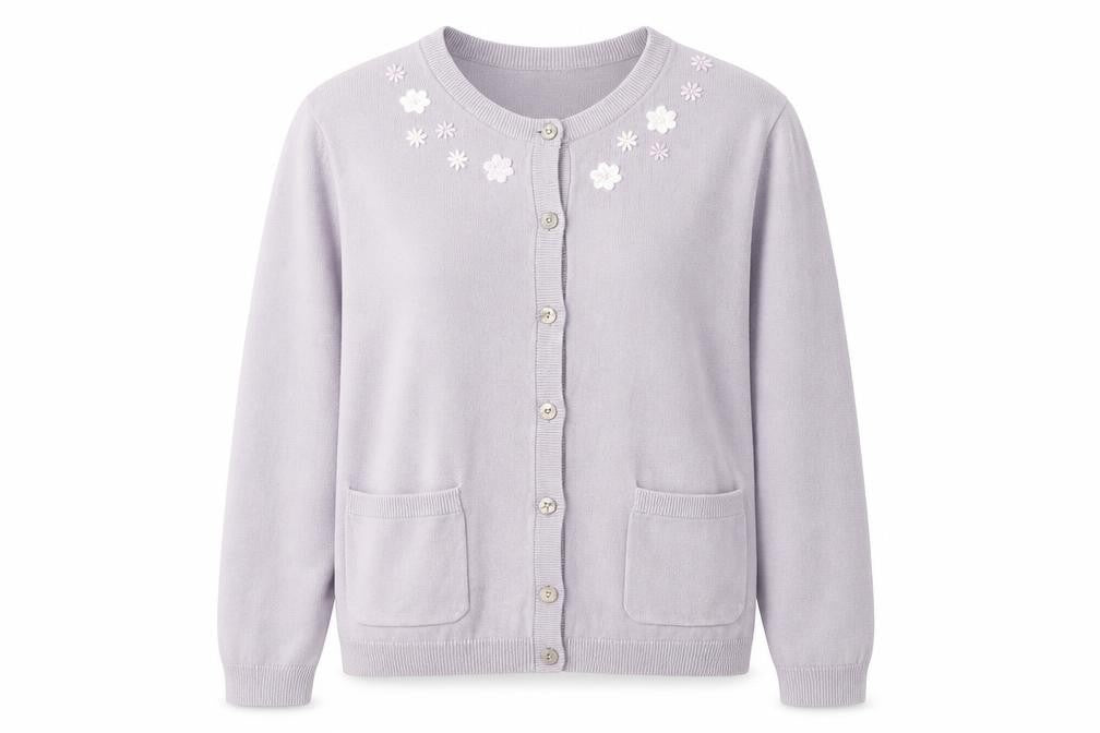 Front view of Cotswold women’s purple round neck cotton cardigan jumper, size S, - flower detail