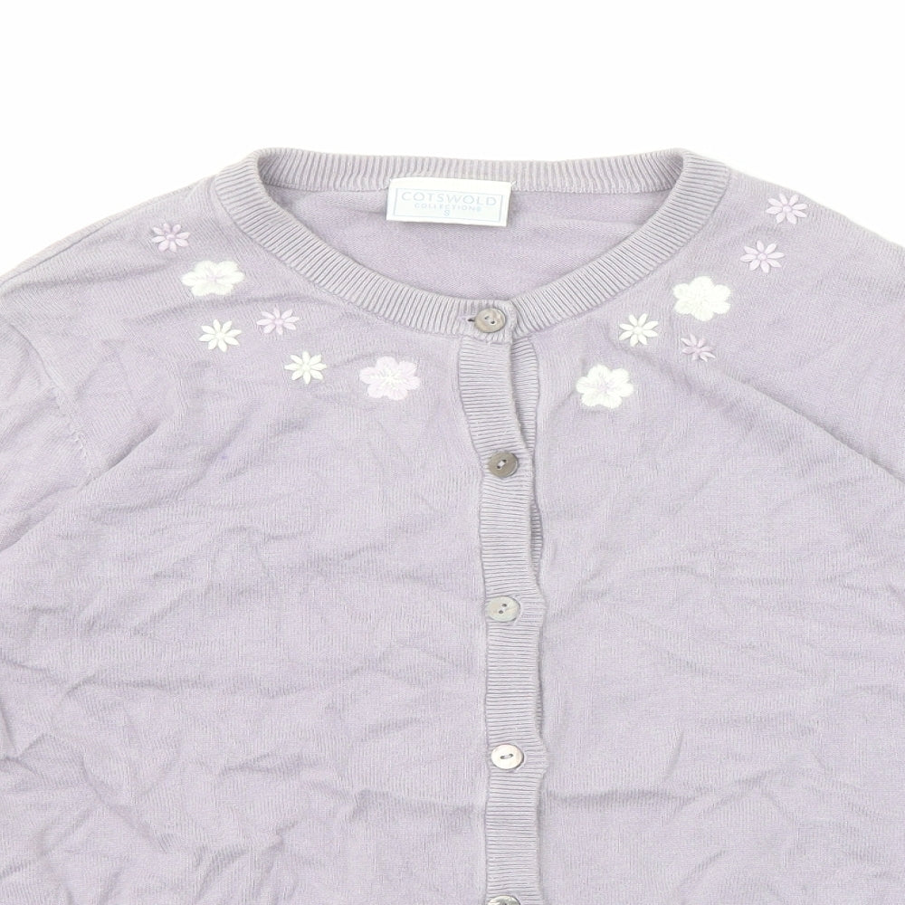 Cotswold Womens Purple Round Neck Cotton Cardigan Jumper Size S - Flower detail