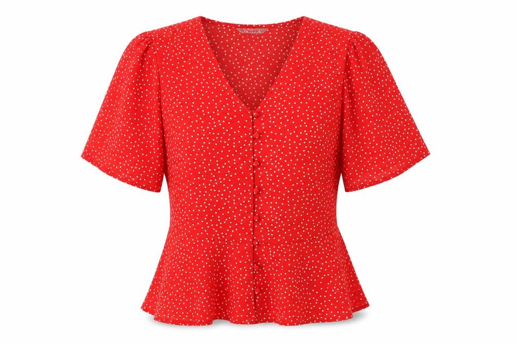 New Look Womens Red Polka Dot Polyester Basic Blouse Size 6 V-Neck