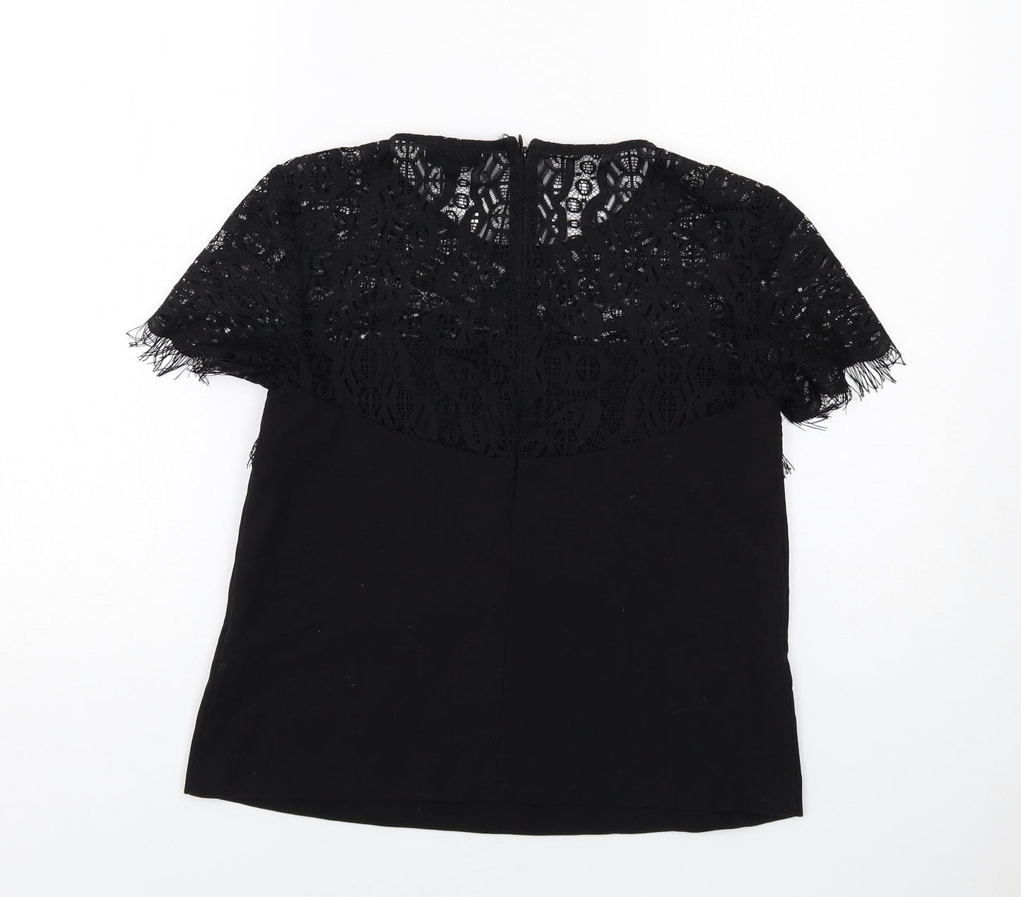 Topshop Womens Black Polyester Basic Blouse Size 8 Round Neck - Lace Details
