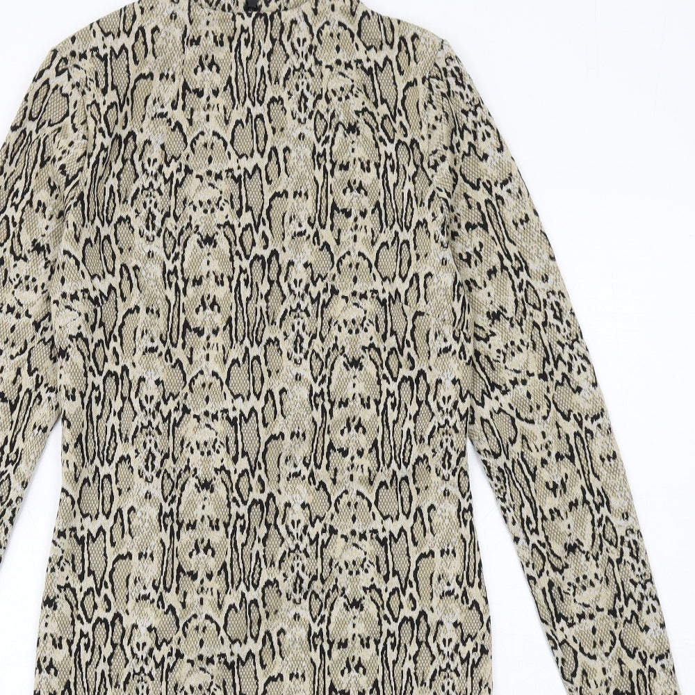 Marks and Spencer Womens Beige Animal Print Polyester A-Line Size 10 Round Neck Zip - Snakeskin pattern
