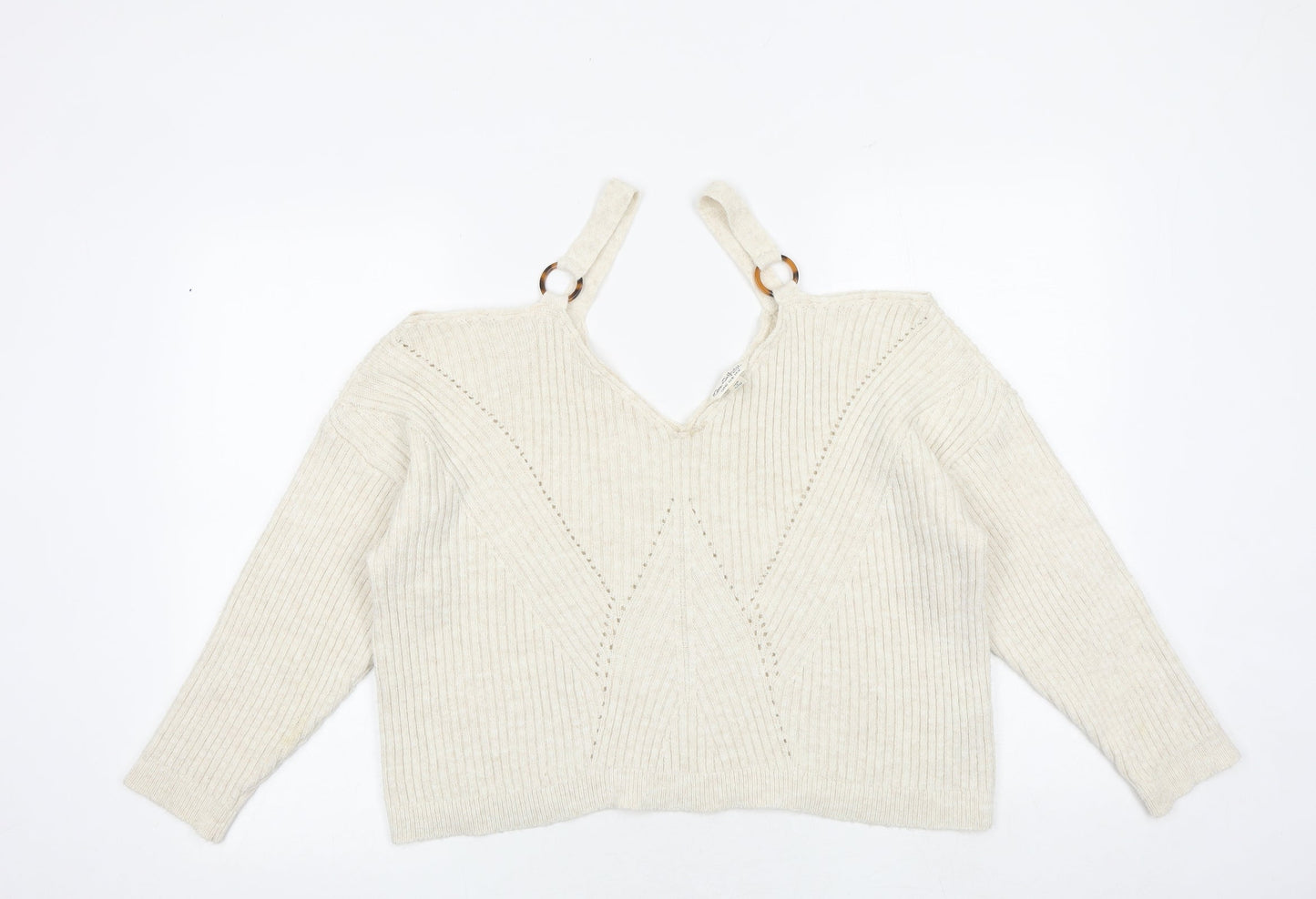 Miss Selfridge Womens Beige V-Neck Polyester Pullover Jumper Size 14 - Cold Shoulder