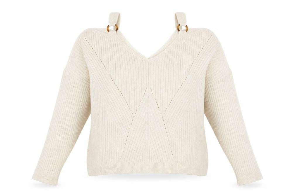 Front view of Miss Selfridge women’s beige v-neck polyester jumper, size UK 14, - cold shoulder