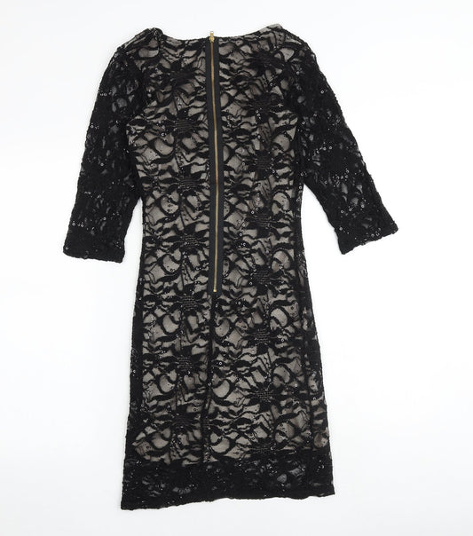 Jane Norman Womens Black Geometric Nylon Shift Size 8 Scoop Neck Zip