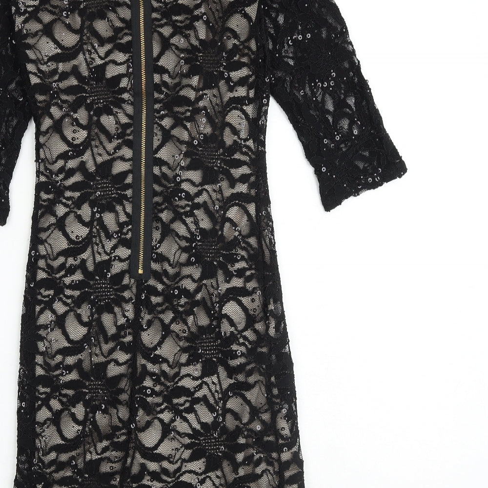 Jane Norman Womens Black Geometric Nylon Shift Size 8 Scoop Neck Zip