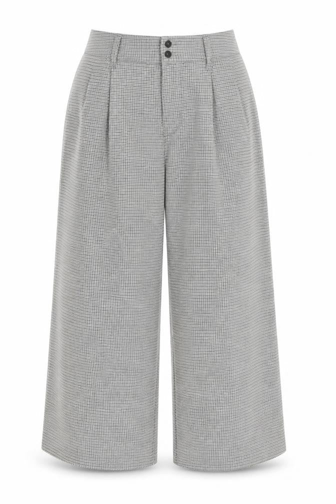 Front view of In the Style women’s multicoloured geometric polyester trousers, size UK 16, regular zip