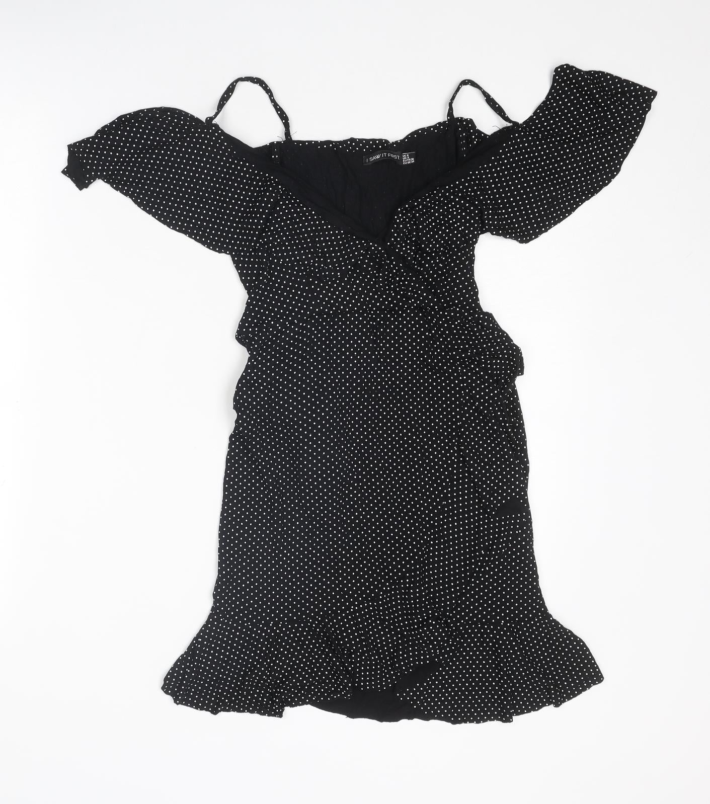 I SAW IT FIRST Womens Black Polka Dot Viscose A-Line Size 8 V-Neck Pullover - Cold shoulder