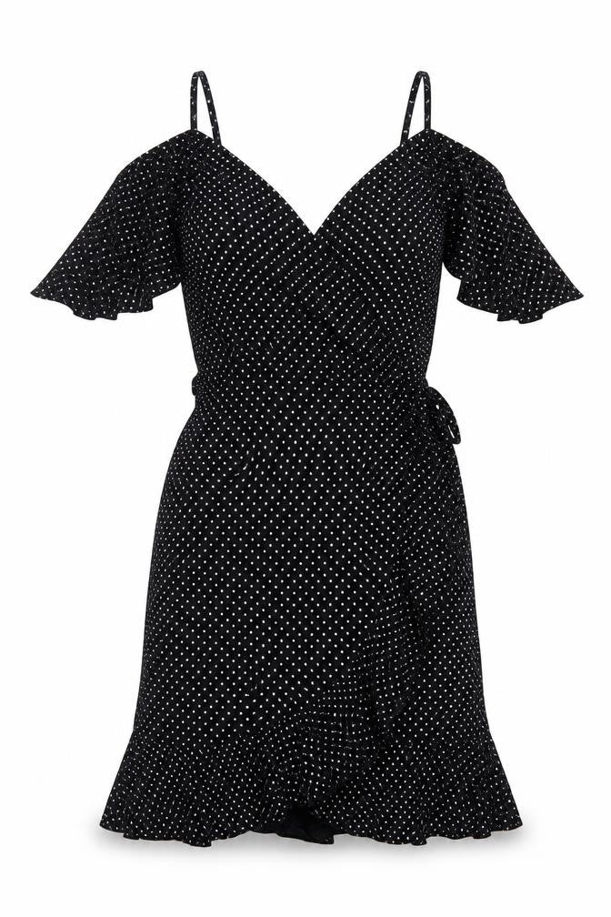 Front view of I SAW IT FIRST women’s black polka dot viscose a-line, size UK 8, v-neck pullover - cold shoulder