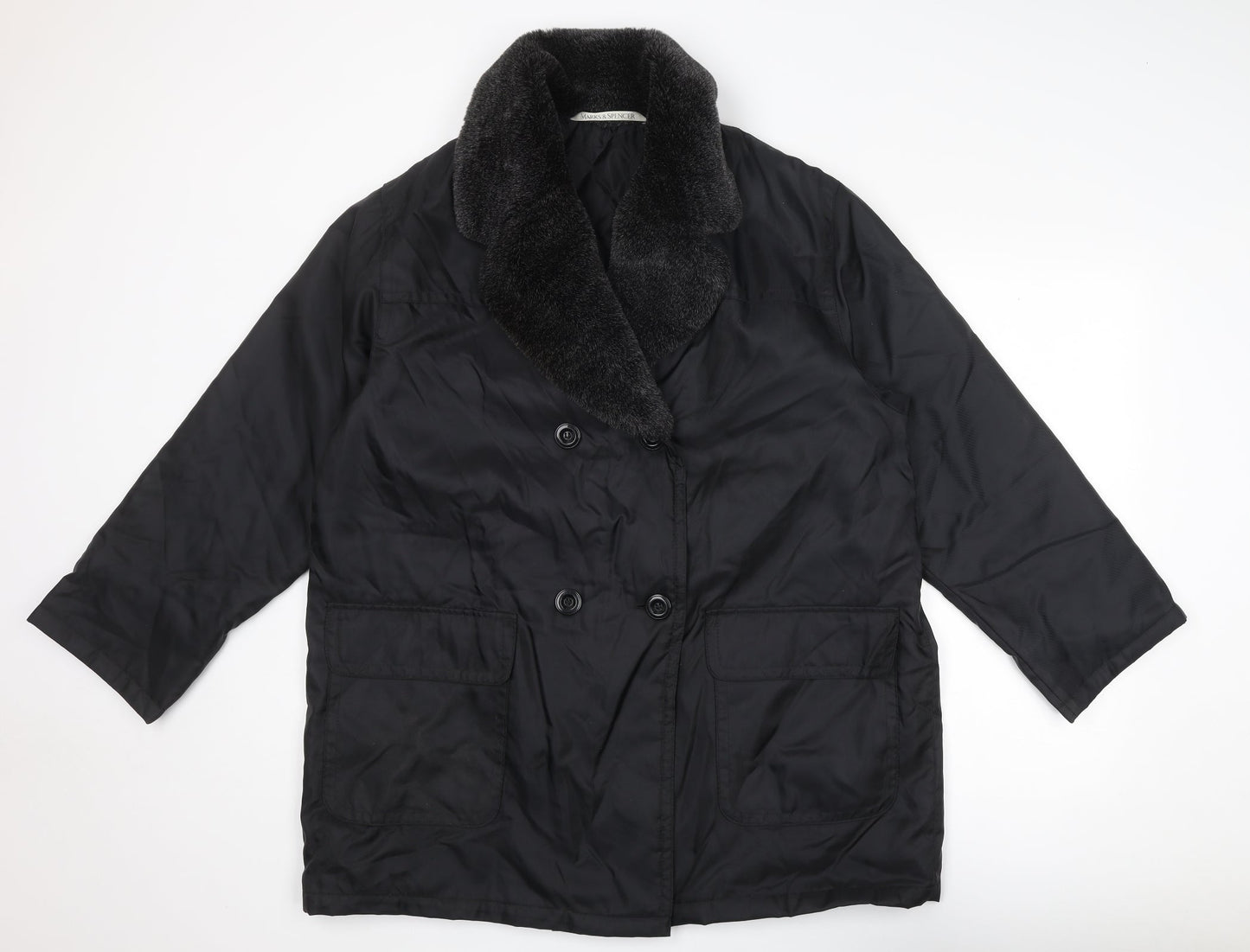 Marks and Spencer Womens Black Overcoat Coat Size 16 Button - Faux Fur Collar