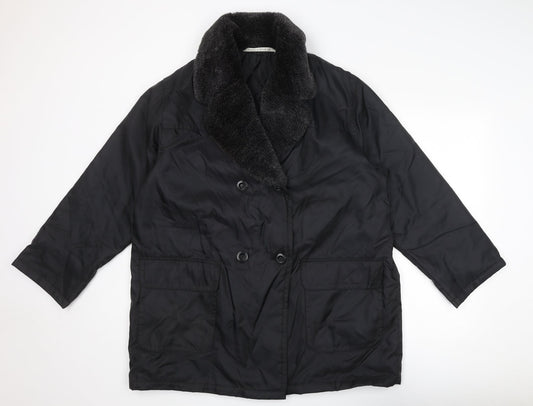 Marks and Spencer Womens Black Overcoat Coat Size 16 Button - Faux Fur Collar