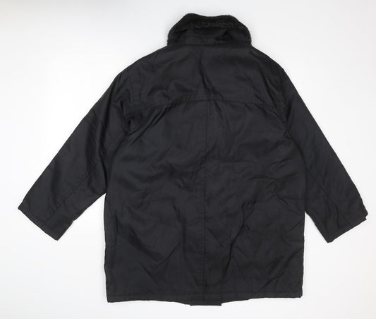 Marks and Spencer Womens Black Overcoat Coat Size 16 Button - Faux Fur Collar