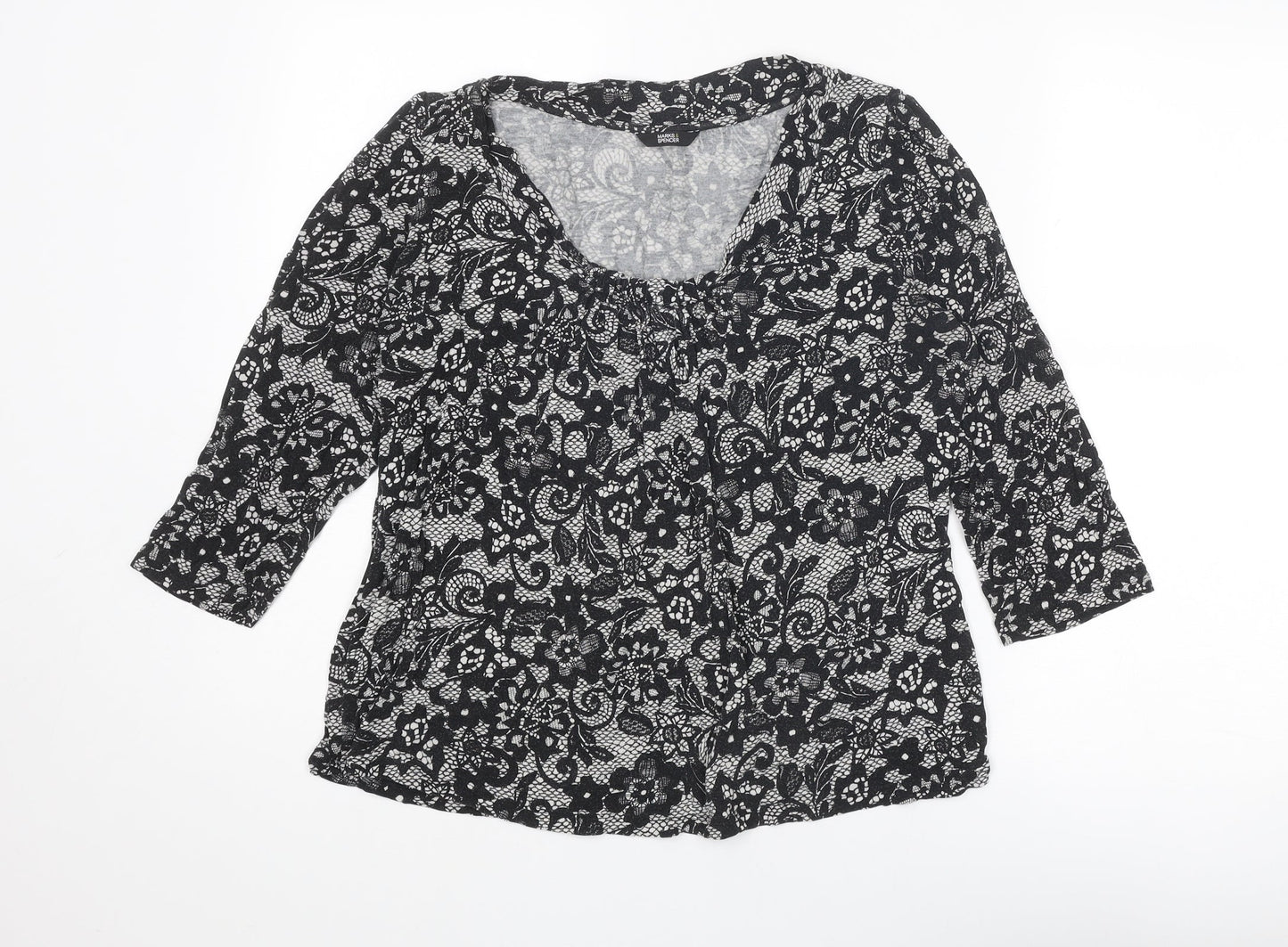 Marks and Spencer Womens Black Geometric Viscose Basic Blouse Size 16 Round Neck