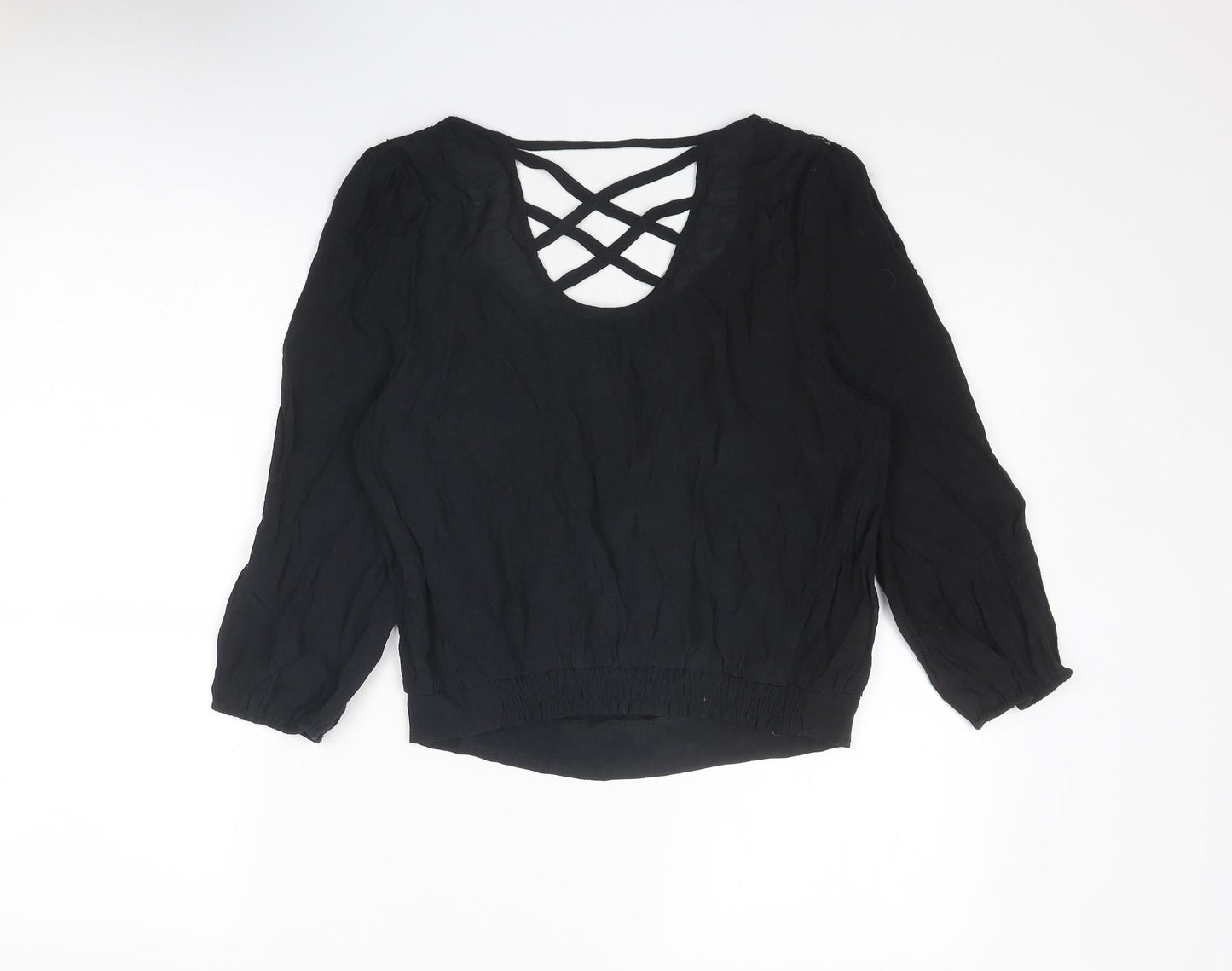 MINE Womens Black Nylon Basic Blouse Size S Round Neck