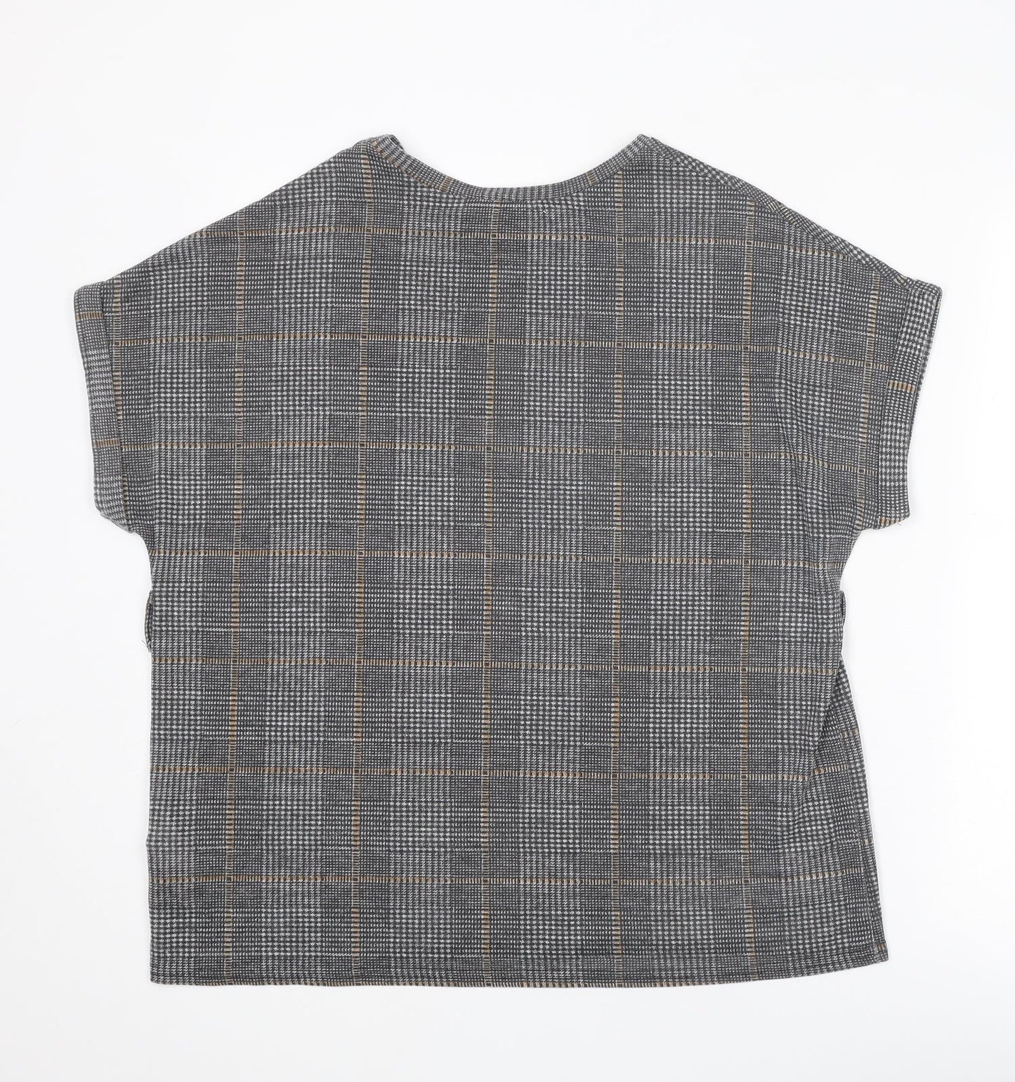 New Look Womens Grey Plaid Polyester Basic T-Shirt Size M Round Neck