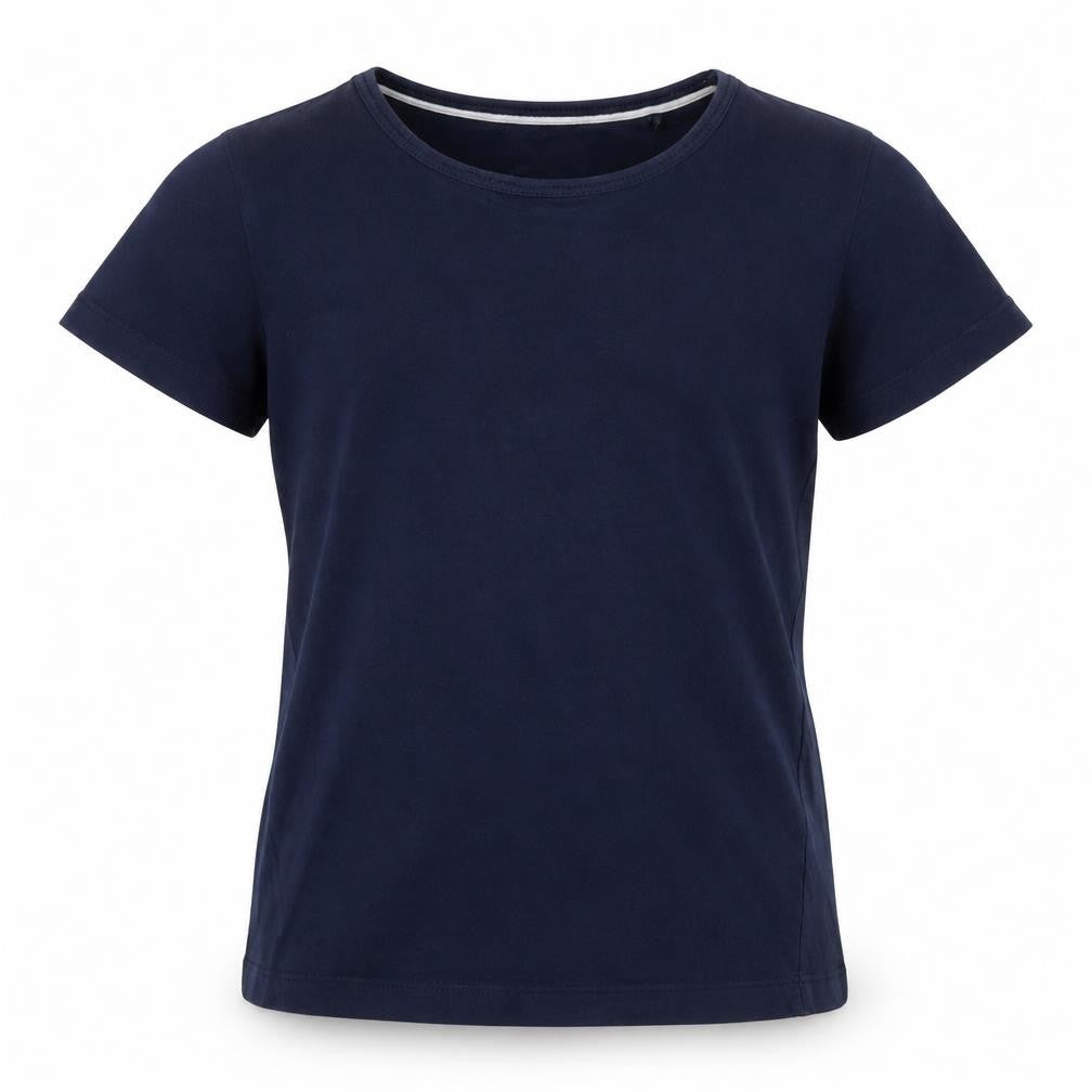 Front view of Pepperts girls’ blue cotton basic t-shirt, size 8-9, years round neck pullover